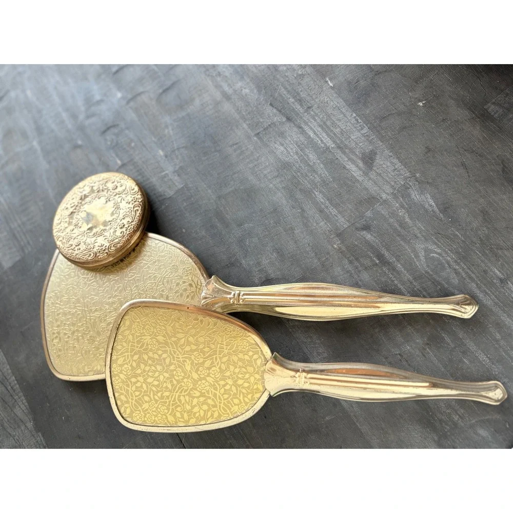 Vintage Gold Tone Floral Vanity Set Hand Mirror Hairbrush Compact 3 Piece Set